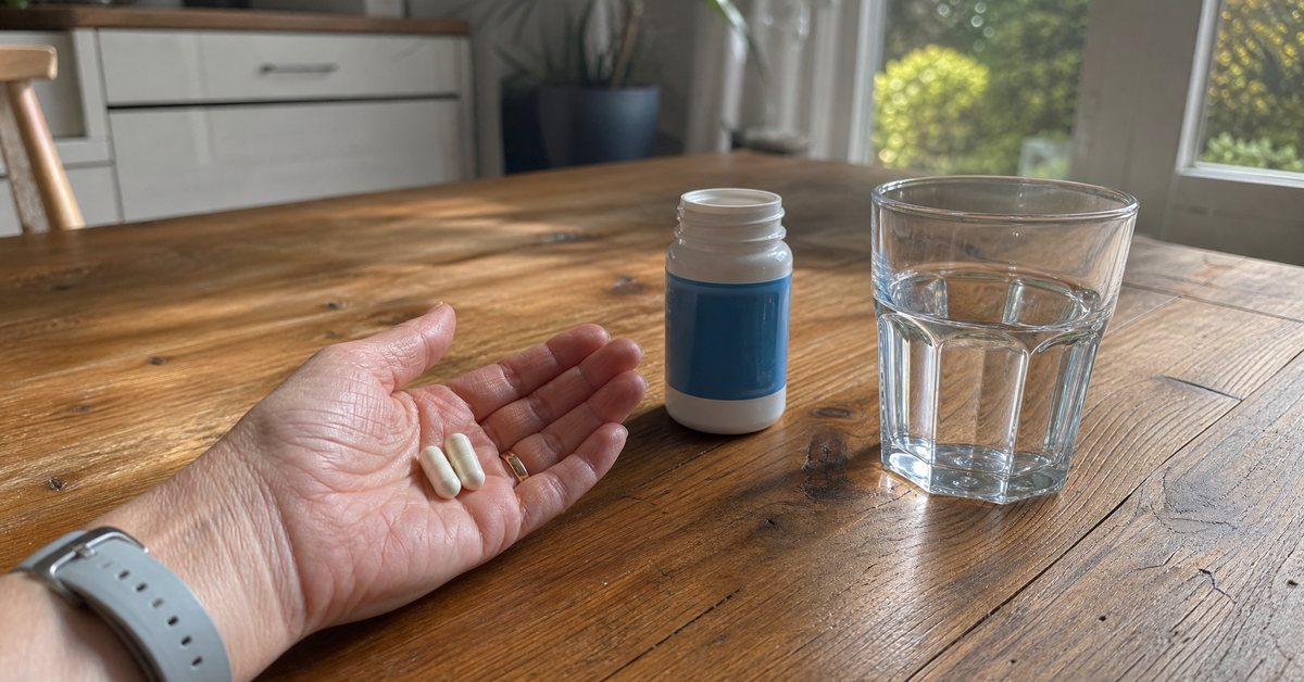 Zwei Tyrexin Kapseln mit einem Glas Wasser neben einem Frühstückstisch