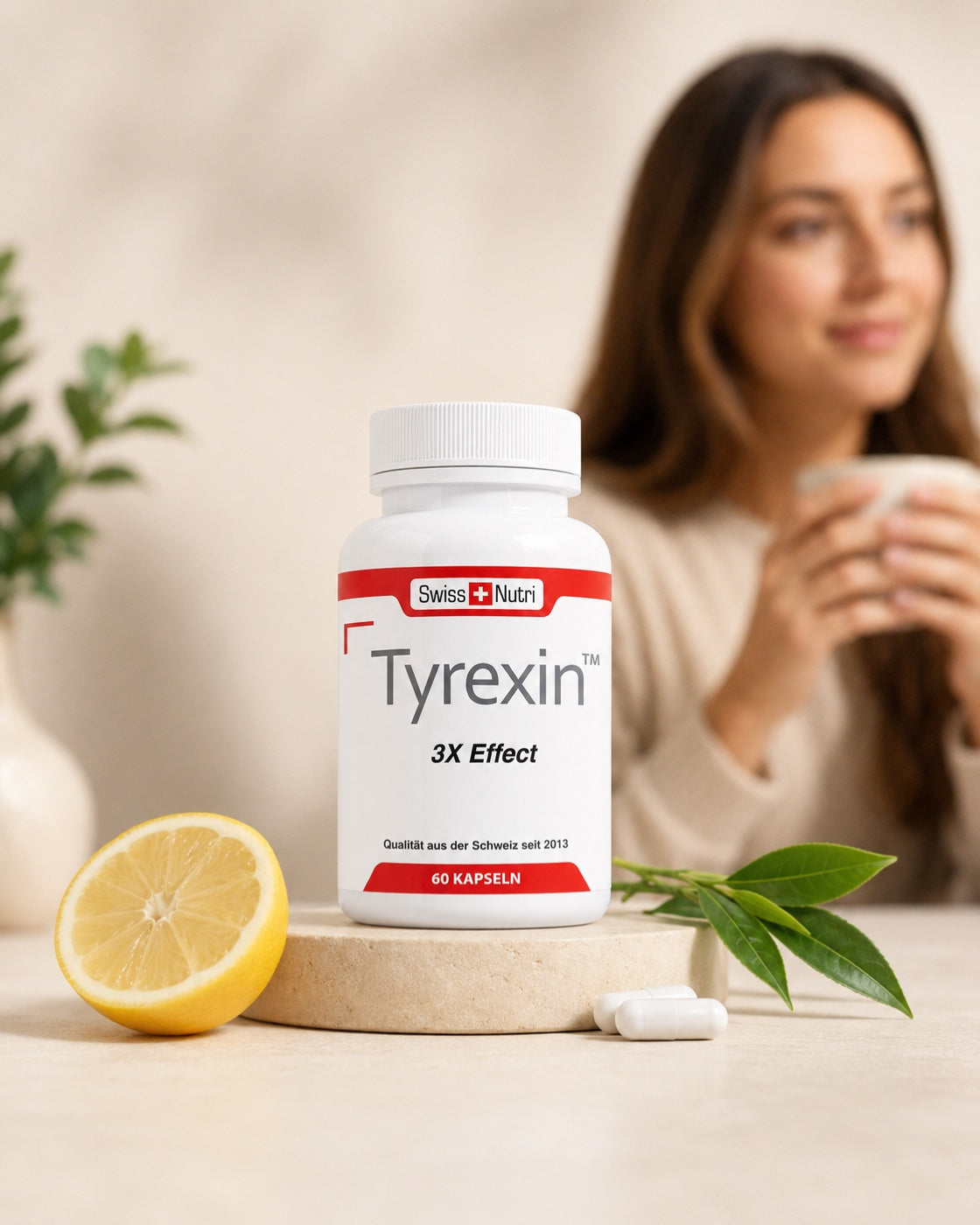 Tyrexin Flasche vollständig mit Etikett, Zitrone, Grüntee und Kapseln