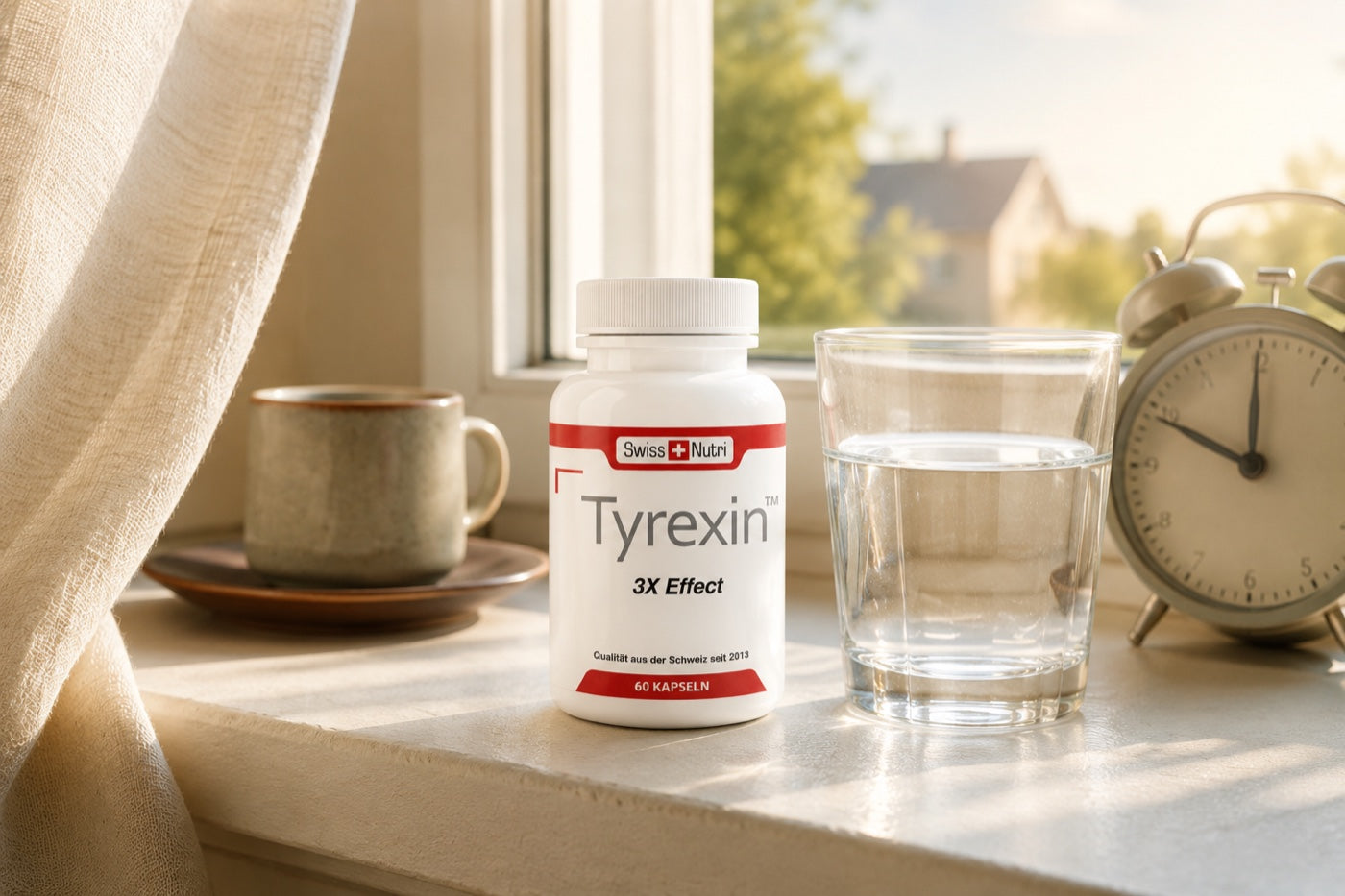 Tyrexin Flasche am Morgen-Fenster mit Wasserglas und Wecker