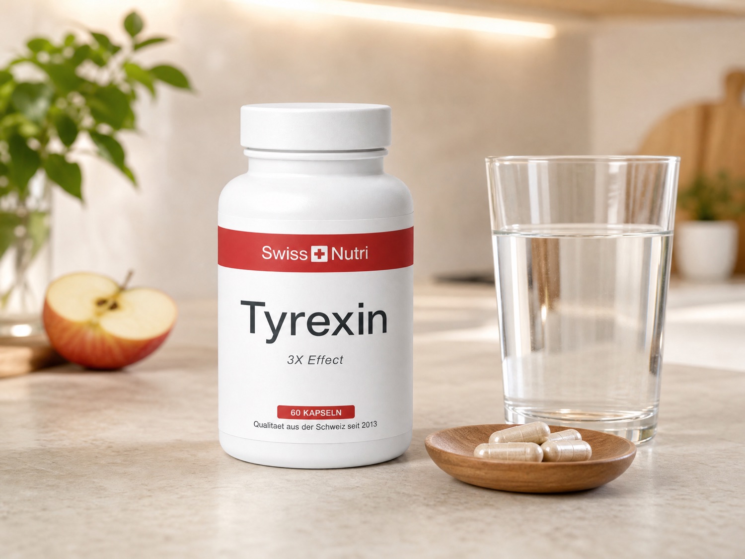 Tyrexin Kapseln mit einem Glas Wasser auf der Küchenablage