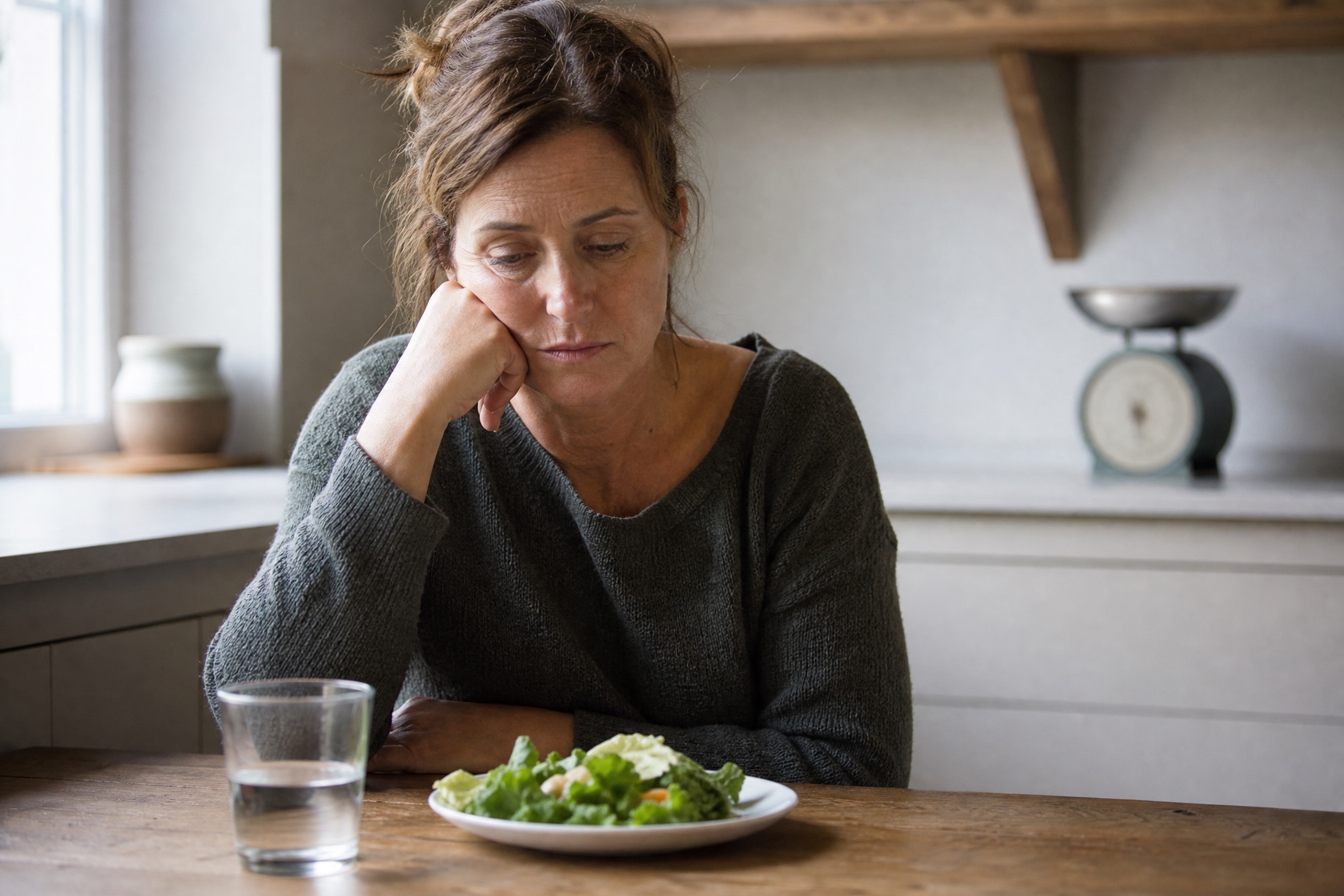 Brigitte, erschöpft am Küchentisch, vor einem unberührten Diätsalat
