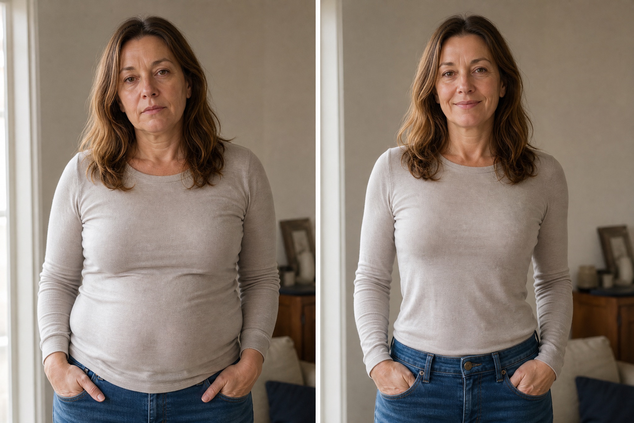 Brigitte, 49, die ersten Wochen und nach drei Monaten, zuerst am Bauch