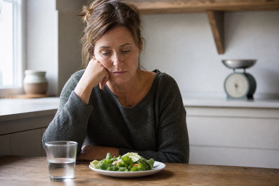 Femme de plus de 40 ans assise dans sa cuisine devant une salade, découragée