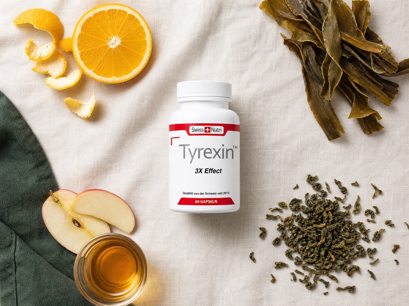 Les quatre leviers autour de la capsule Tyrexin : pectine d'agrumes, algues à l'iode, vinaigre de cidre et thé vert
