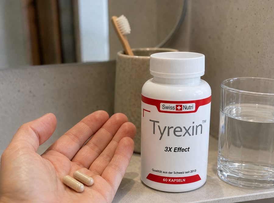 Due capsule Tyrexin® nel palmo della mano, la dose del mattino