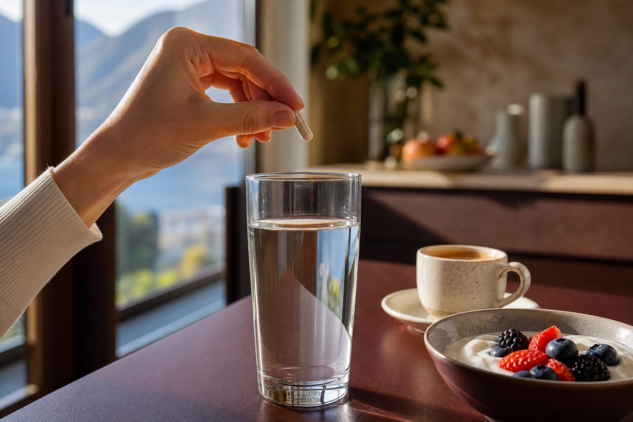 Due capsule Tyrexin con un bicchiere d'acqua e una colazione sana